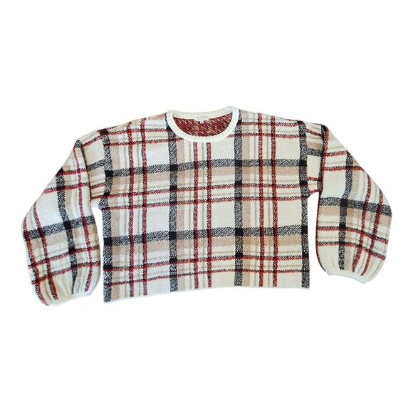 Z SUPPLY Solange Plaid Sweater Pullover Bloussant Sleeves Vanilla Ice SOFT XL - Picture 1 of 16